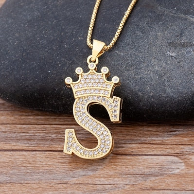 Nidin New Luxury Copper Zircon AZ Crown Alphabet Pendant Chain Necklace Hip-Hop Style Fashion Woman Man Initial Name Jewelry