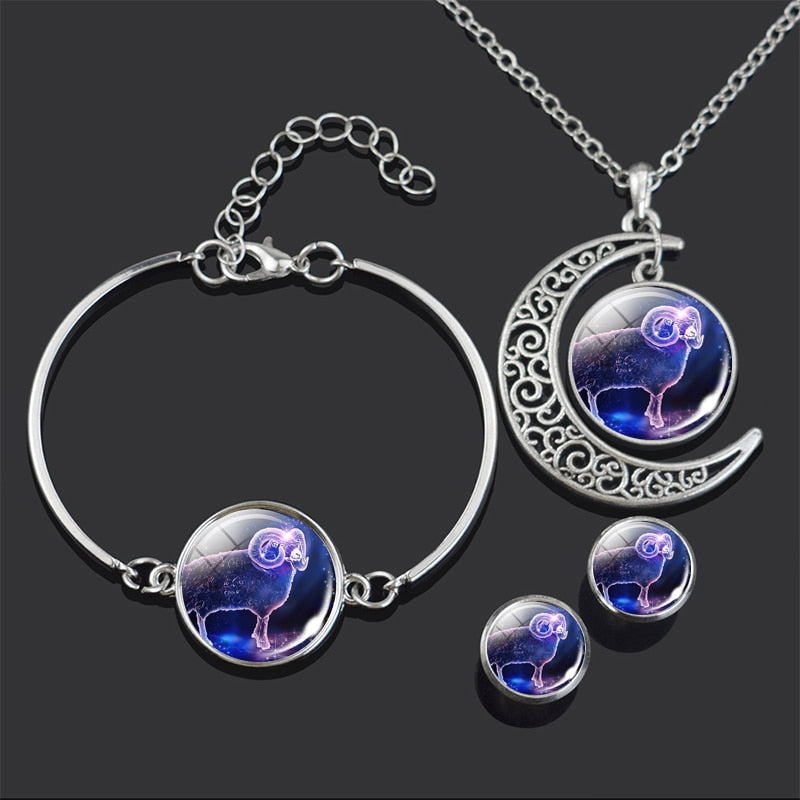 Constellation Jewelry Set 12 Zodiac Signs Glass Cabochon Necklace Bracelet Earrings Set Women 4PCS Jewelry Set Birthday Gifts