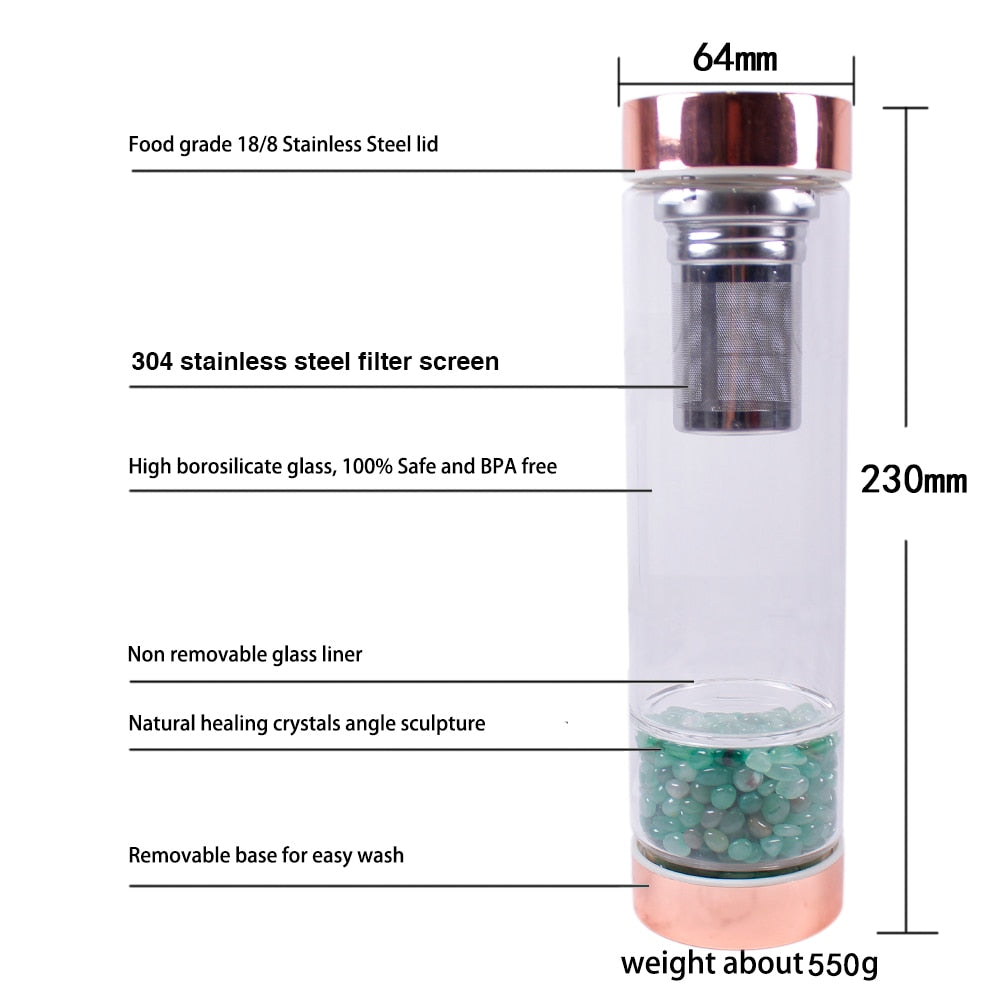 Natural  Crystal Elixir Bottles gemstone Glass  therapy stone Tea filter filter bottle Healing Crystal Infuser Energy cup