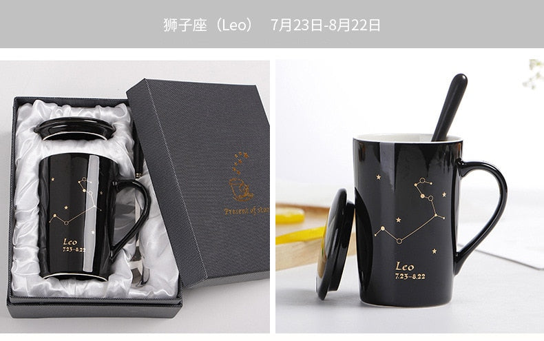 With Gift Box 12 Constellations Creative Ceramic Mugs with Spoon Lid Black and Gold Porcelain Zodiac Milk Coffee Cup 400ML Water