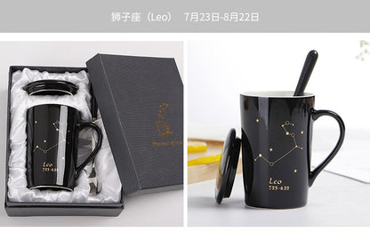 With Gift Box 12 Constellations Creative Ceramic Mugs with Spoon Lid Black and Gold Porcelain Zodiac Milk Coffee Cup 400ML Water