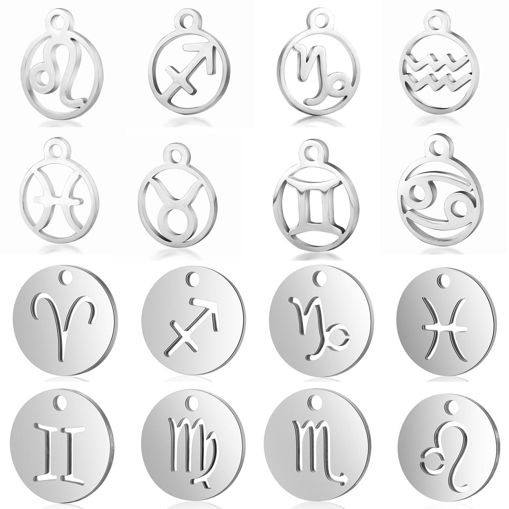 10pcs/lot Stainless Steel Laser Cutting 12 Zodiac Sign Charms Horoscope Icon DIY Metal Pendant for Jewelry Making