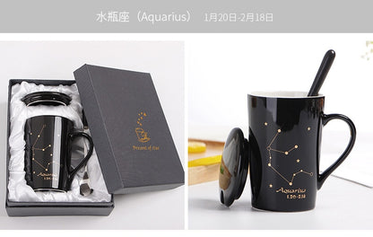 With Gift Box 12 Constellations Creative Ceramic Mugs with Spoon Lid Black and Gold Porcelain Zodiac Milk Coffee Cup 400ML Water