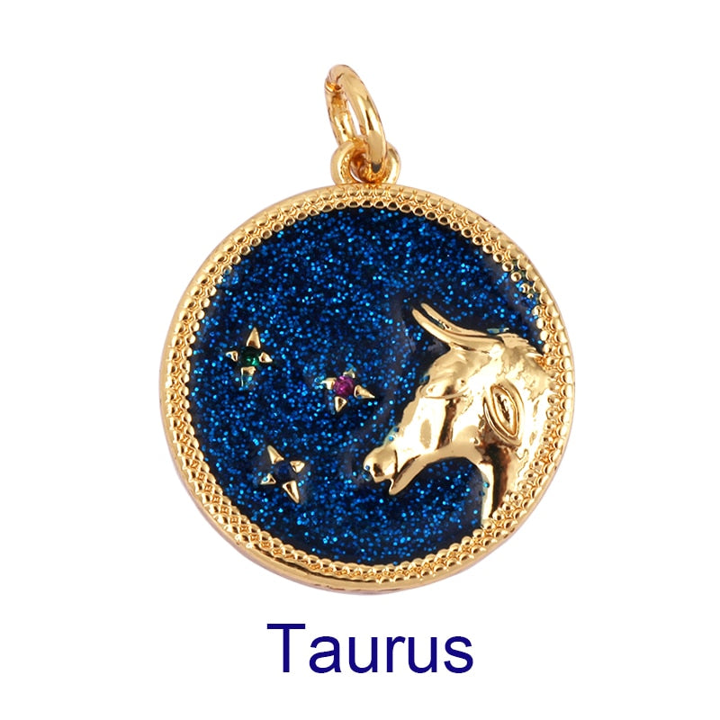 Zodiac Horoscope Sign Medallion Pendant Real 18K Gold Plated Sparkle Astro Coin for Necklace Bracelet Jewelry Making Supply