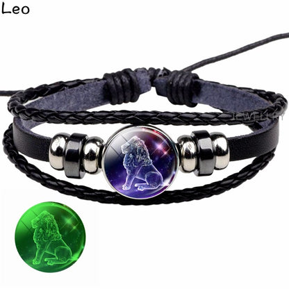 Glowing Constellation Bracelet Punk Luminous Jewelry Black Leather Woven Bracelet Glow In The Dark Zodiac Sign Luminous Bracelet