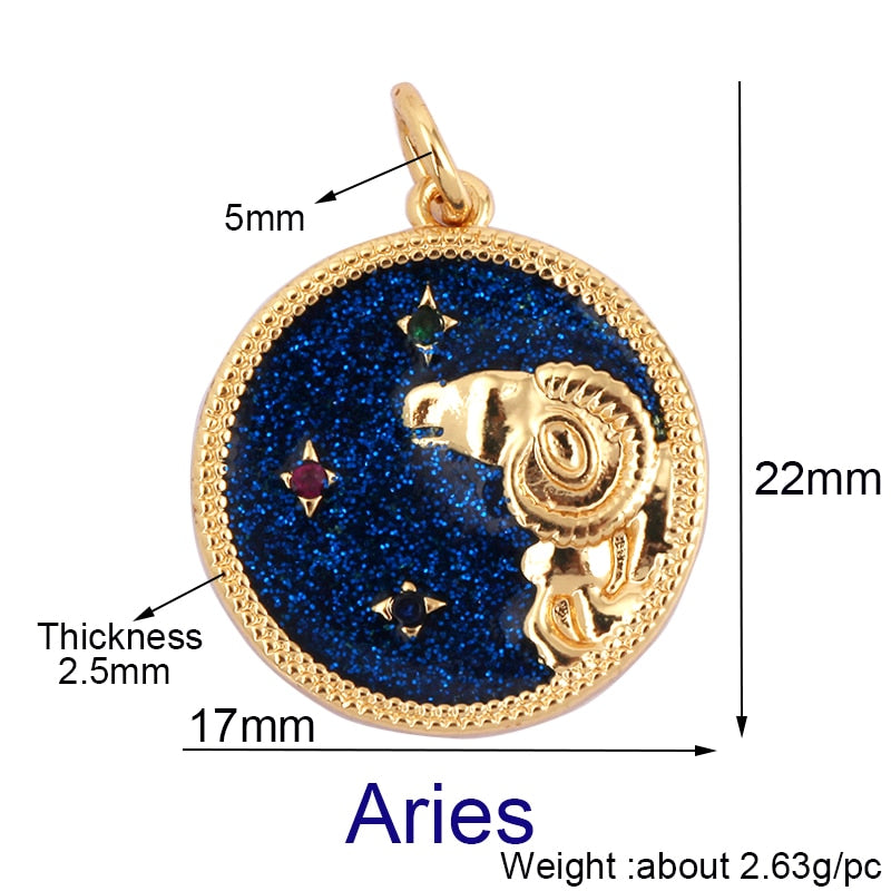 Zodiac Horoscope Sign Medallion Pendant Real 18K Gold Plated Sparkle Astro Coin for Necklace Bracelet Jewelry Making Supply