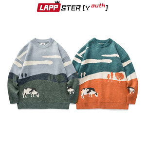 LAPPSTER-Youth Men Cows Vintage Winter Sweaters 2022 Pullover Mens O-Neck Korean Fashions Sweater Women Casual Harajuku Clothes