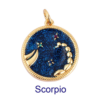 Zodiac Horoscope Sign Medallion Pendant Real 18K Gold Plated Sparkle Astro Coin for Necklace Bracelet Jewelry Making Supply