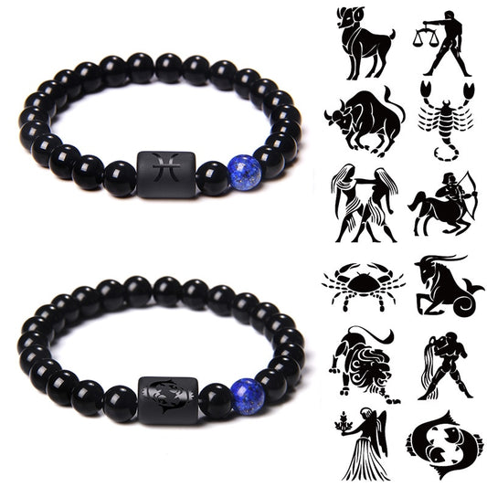 12 Constellation Zodiac Signs Beads Couples Bracelet Natural Black Onyx Stone Elastic Charm Bracelet for Women Men Birthday Gift
