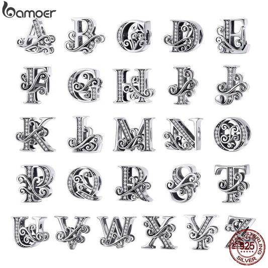 BAMOER 925 Sterling Silver Letter Vintage A to Z 26 Letter Charms Openwork CZ Alphabet Beads Fit Charm Bracelet BSC030