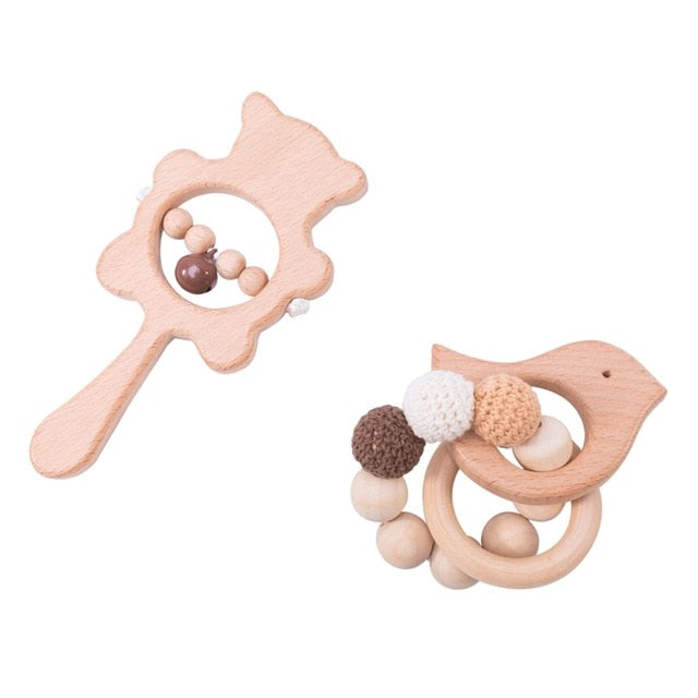 1set Baby Toys Wooden Rattle Bear Shape Hand Teething Baby Teether Musical Pacifier Chain Montessori Educational Stroller Toys