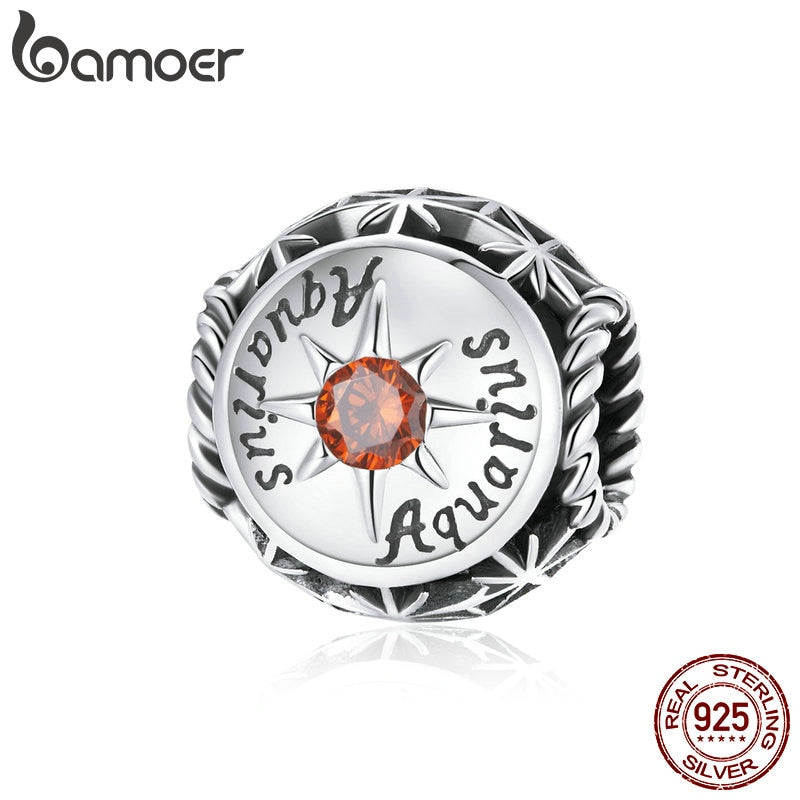 bamoer Zodiac Star Sign 925 Sterling Silver Charm Beads Fit for Charm Bracelets, 12 Constellations Cubic Zirconia Charm SCC1725