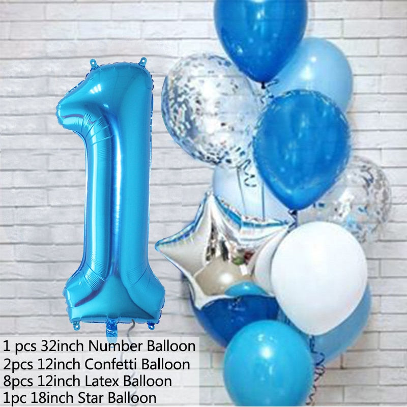 12Pcs/set Blue Number Foil Latex Balloons for Kids Birthday Party Decoration 1st One Year Birthday Boy Decor Baby Shower Balloon