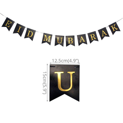 EID Mubarak Golden Banner Balloon Set Disposable Tableware Kit Black Tablecloth Ramadan Kareem Party Supplies Home Decoration