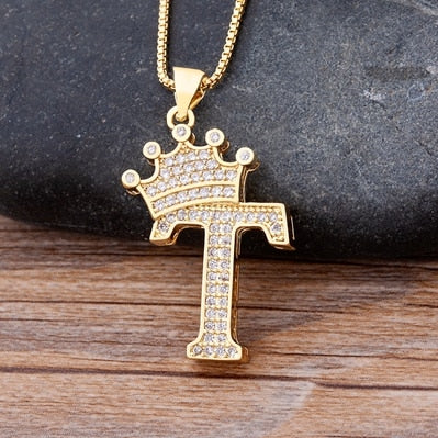 Nidin New Luxury Copper Zircon AZ Crown Alphabet Pendant Chain Necklace Hip-Hop Style Fashion Woman Man Initial Name Jewelry