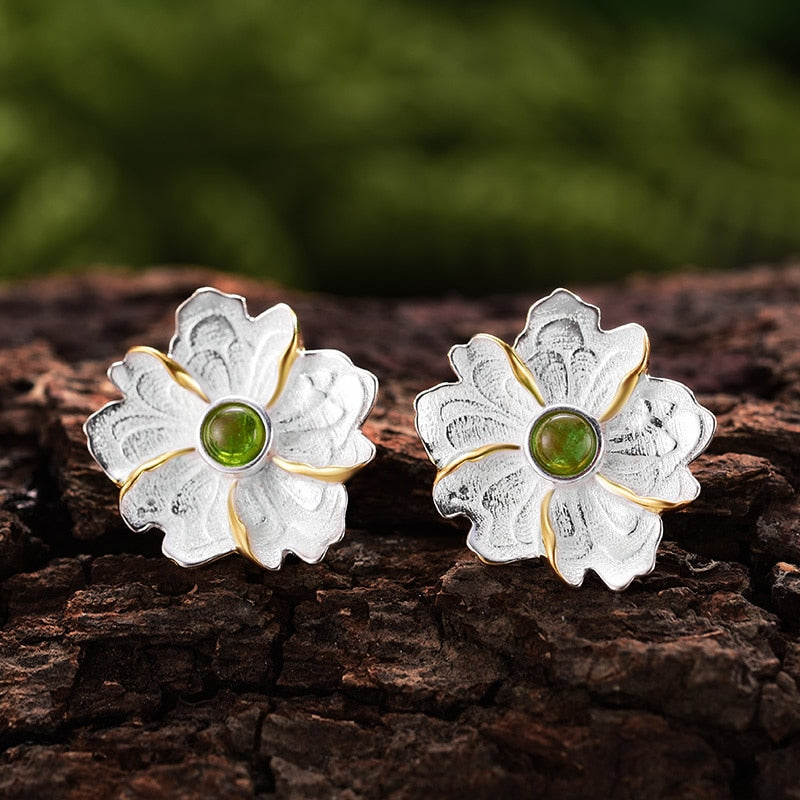 Lotus Fun Real 925 Sterling Silver Earrings Natural Gemstone Original Handmade Fine Jewelry Peony Flower Stud Earrings for Women