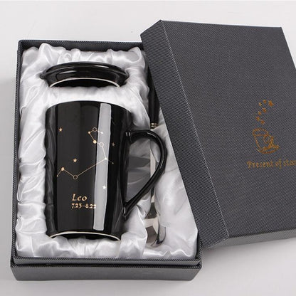 With Gift Box 12 Constellations Creative Ceramic Mugs with Spoon Lid Black and Gold Porcelain Zodiac Milk Coffee Cup 400ML Water