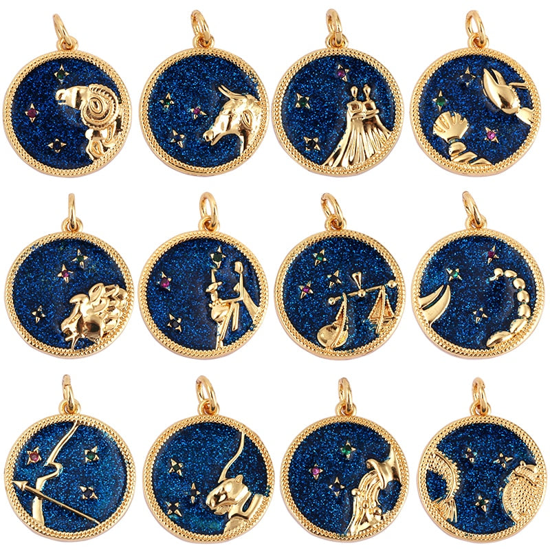 Zodiac Horoscope Sign Medallion Pendant Real 18K Gold Plated Sparkle Astro Coin for Necklace Bracelet Jewelry Making Supply