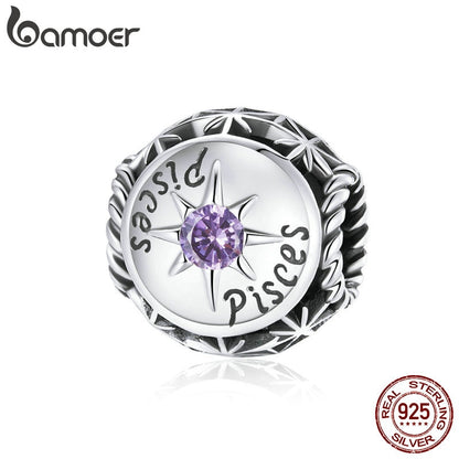 bamoer Zodiac Star Sign 925 Sterling Silver Charm Beads Fit for Charm Bracelets, 12 Constellations Cubic Zirconia Charm SCC1725