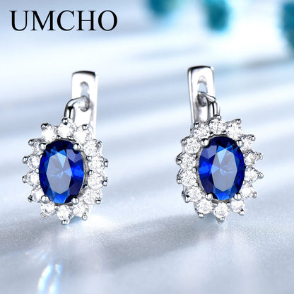 UMCHO Solid 925 Sterling Silver Gemstone Clip Earrings for Women Blue Sapphire Fine Jewelry Wedding Engagement Valentine's Gift