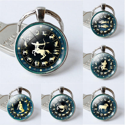 Time 12 Constellation Jewelry Key Chains Zodiac Signs Keychain Key Rings Bag Car Round Glass Cabochon Pendant Man Woman Gift