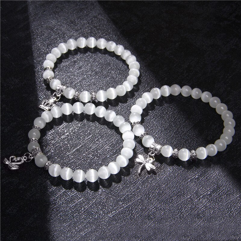 Fashion White Cat Eye Stone Beads Bracelets For Women Jewelry Men Animal Charm Bracelets Natural Stone Beaded Bracelets Shiny