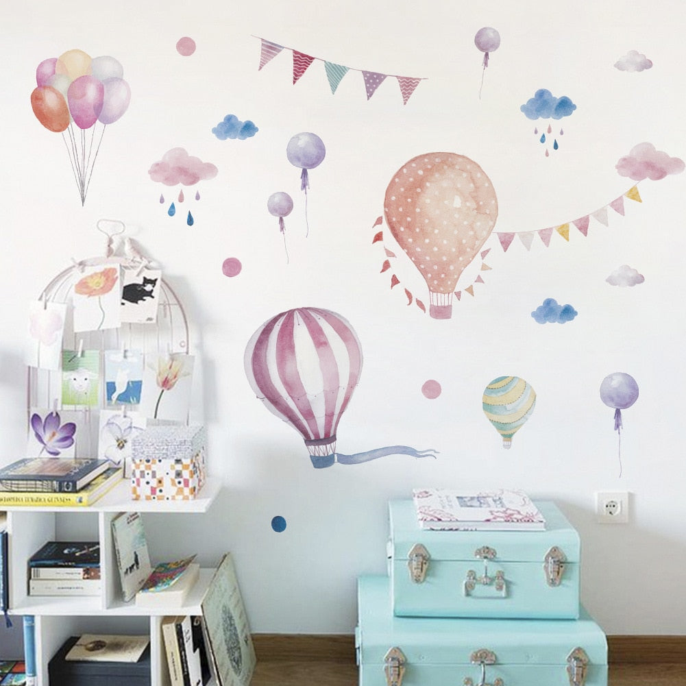 New Cartoon Hot Air Balloon Clouds Wall Sticker for Kids Room Graffiti Birthday Party Decoration for Living Room Art Mural