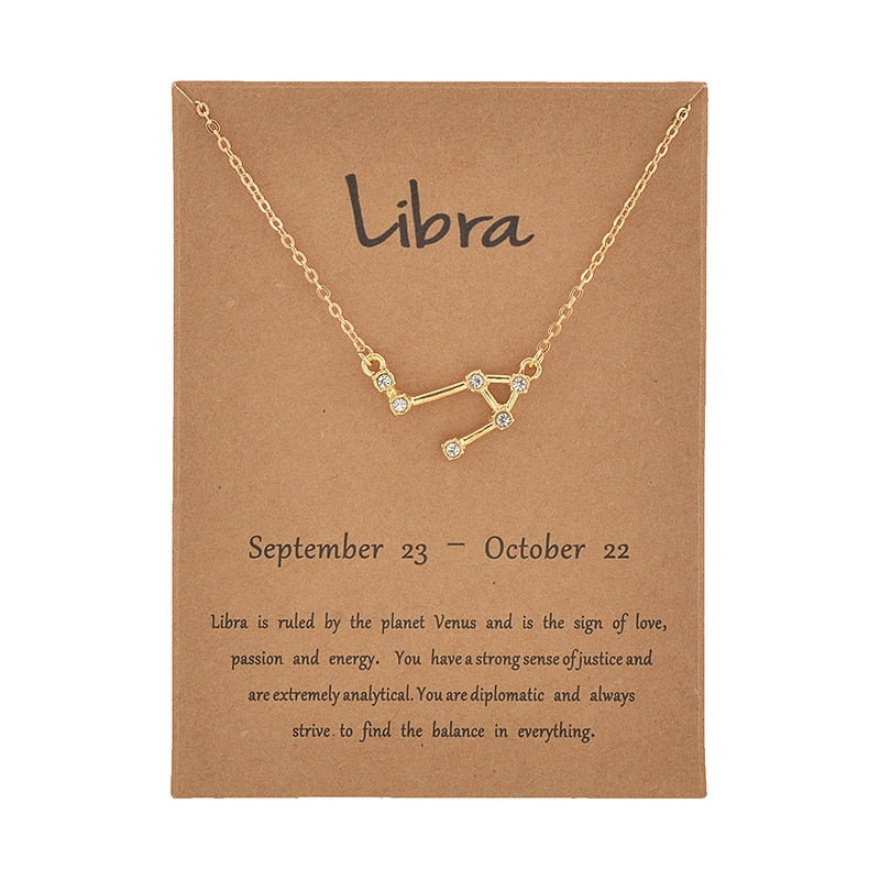 Female Elegant Star Zodiac Sign 12 Constellation Necklaces Pendant Gold Color Chain Choker Necklaces for Women Jewelry Cardboard