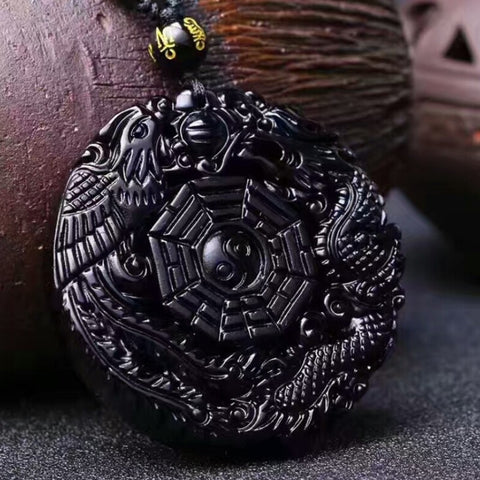 Natural Black Obsidian Stone Hand Carved Chinese Dragon Phoenix BaGua Lucky Amulet Peace Mascot Pendant Necklace for Women Man