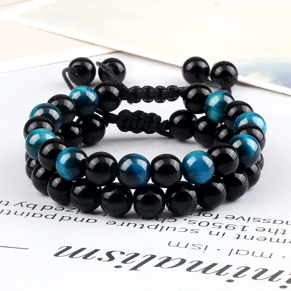 2pcs Men Shiny Black Natural Stone Beaded Bracelets Multicolor Tiger Eye Stone Obsidian Onyx Beads Bracelets Women Yoga Jewelry