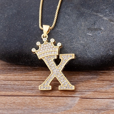 Nidin New Luxury Copper Zircon AZ Crown Alphabet Pendant Chain Necklace Hip-Hop Style Fashion Woman Man Initial Name Jewelry