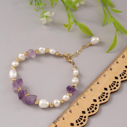 Coeufuedy Freshwater Pearl Bracelet for Women Natural Amethyst Bracelet Party White Pearl Stone Beads Bracelets Fine Jewelry