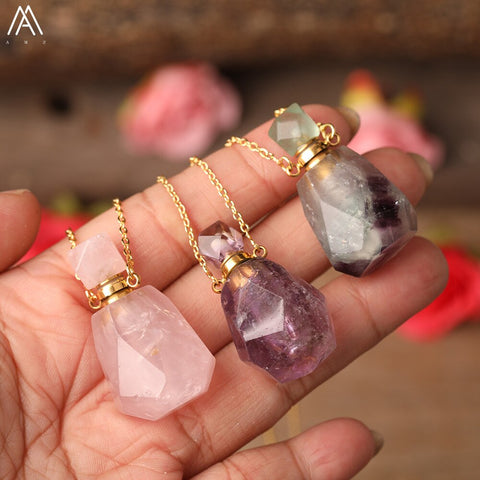 Natural Purple Agates Smoky Color Quartz Rainbow Fluorite Stone Gold Perfume Bottle Pendant For Necklace Making Women Jewelry