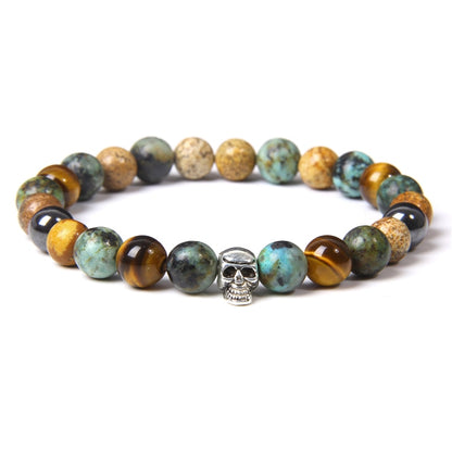 Skull Bracelets For Men Women Natural Stone Tiger Eye Bracelet Malachite Labradorite 8MM Beads Stretch Bangles Punk Jewelry