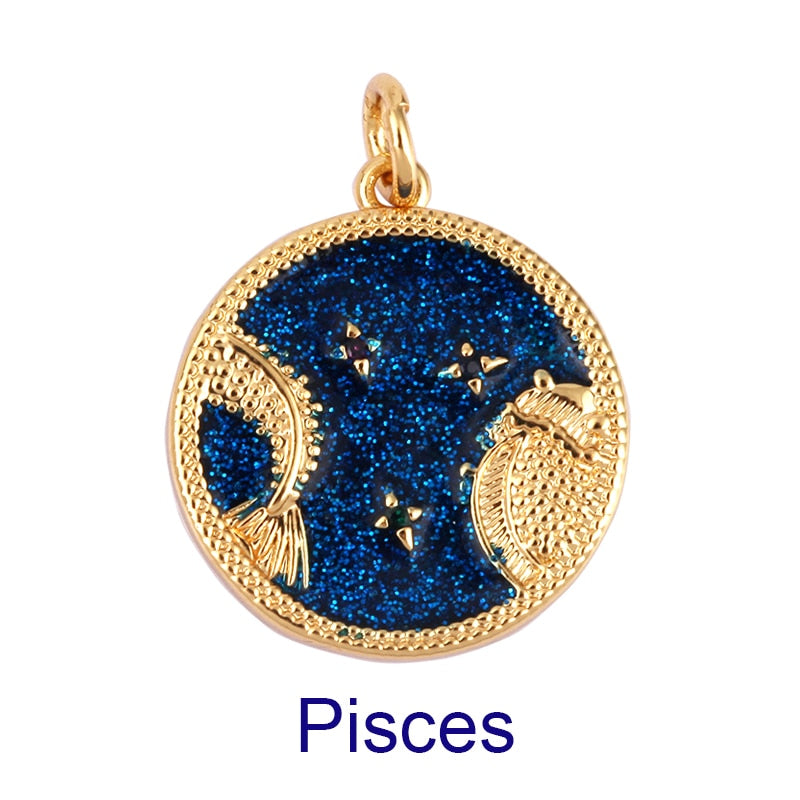 Zodiac Horoscope Sign Medallion Pendant Real 18K Gold Plated Sparkle Astro Coin for Necklace Bracelet Jewelry Making Supply