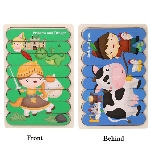 Kid Brain Wooden Toy Double-sided 3D Strip Animal Puzzle Telling Stories Stacking Jigsaw Montessori Educational Toy for Children