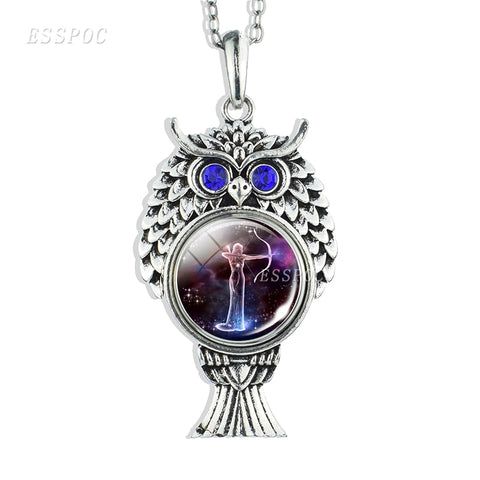 12 Constellations Signs Button Glass Cabochon Jewelry Pendant Cute Owl Shape Necklace Zodiac Birthdays Gifts for Women