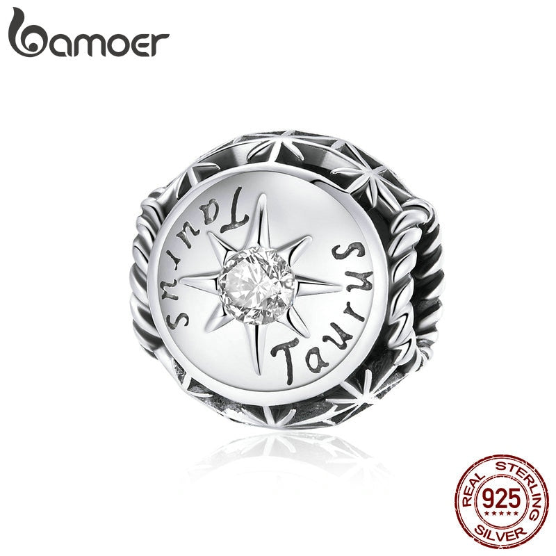 bamoer Zodiac Star Sign 925 Sterling Silver Charm Beads Fit for Charm Bracelets, 12 Constellations Cubic Zirconia Charm SCC1725