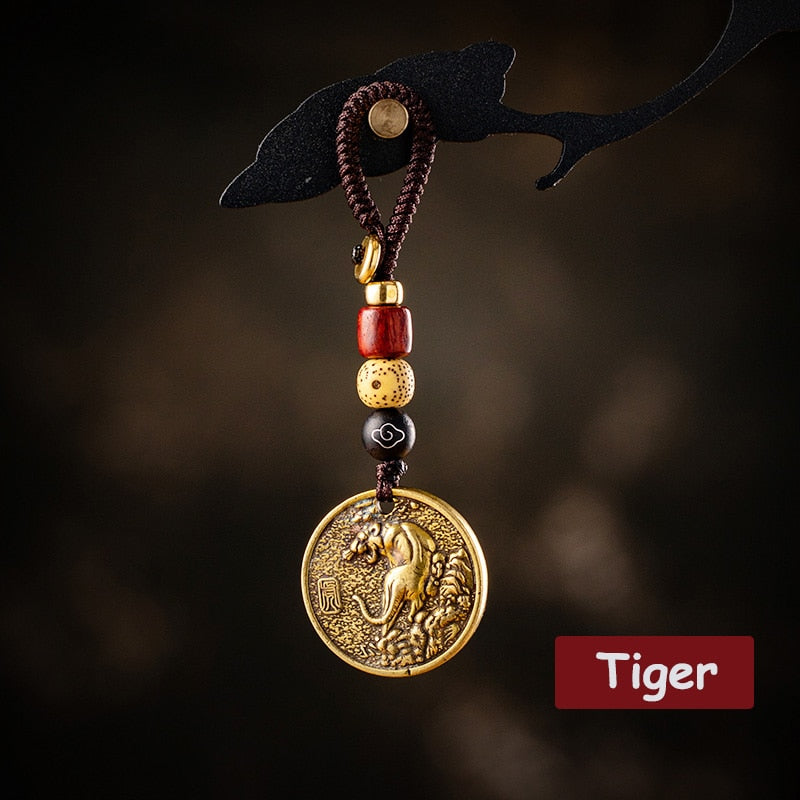 Zodiac Animal Tag Car Keychain Lanyard Pendants Brass Rat Bull Tiger Rabbit Dragon Snake Horse Monkey Dog Handmade Rope Hangings