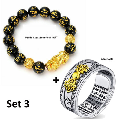 Black Pixiu Bracelet Ring Set Feng Shui Buddhist Bead Bracelet Obsidian Bead Bracelet Men's Women's Wealth Good Luck Accessories