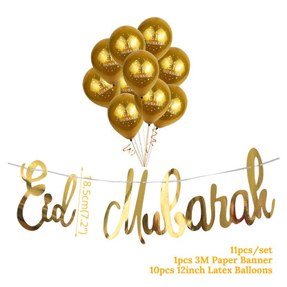 EID Mubarak Golden Banner Balloon Set Disposable Tableware Kit Black Tablecloth Ramadan Kareem Party Supplies Home Decoration