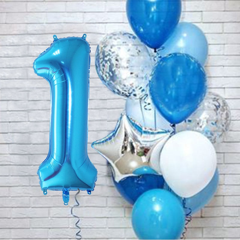 12Pcs/set Blue Number Foil Latex Balloons for Kids Birthday Party Decoration 1st One Year Birthday Boy Decor Baby Shower Balloon