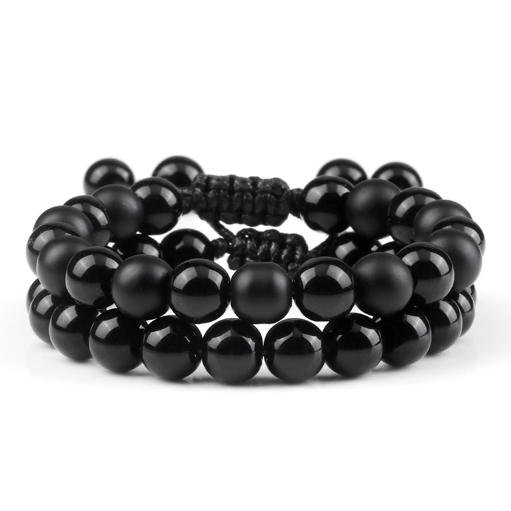 2pcs Men Shiny Black Natural Stone Beaded Bracelets Multicolor Tiger Eye Stone Obsidian Onyx Beads Bracelets Women Yoga Jewelry