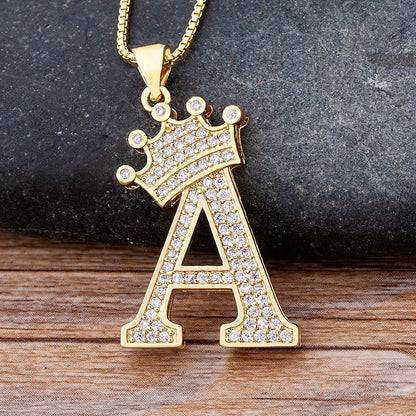 Nidin New Luxury Copper Zircon AZ Crown Alphabet Pendant Chain Necklace Hip-Hop Style Fashion Woman Man Initial Name Jewelry