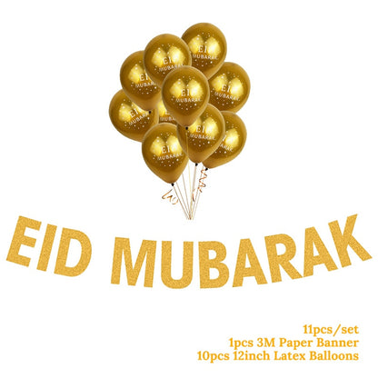 EID Mubarak Golden Banner Balloon Set Disposable Tableware Kit Black Tablecloth Ramadan Kareem Party Supplies Home Decoration