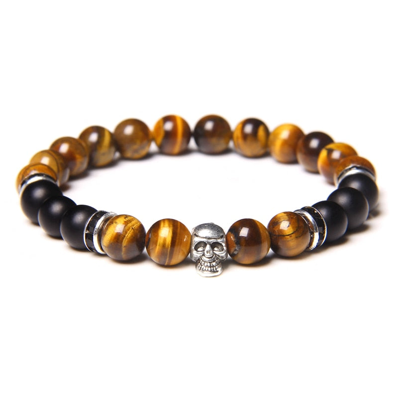 Skull Bracelets For Men Women Natural Stone Tiger Eye Bracelet Malachite Labradorite 8MM Beads Stretch Bangles Punk Jewelry