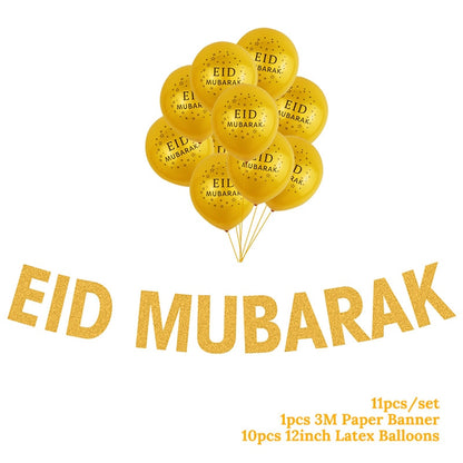 EID Mubarak Golden Banner Balloon Set Disposable Tableware Kit Black Tablecloth Ramadan Kareem Party Supplies Home Decoration