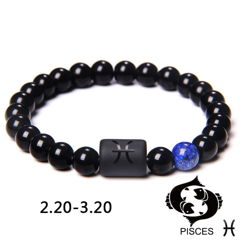 12 Constellation Zodiac Signs Beads Couples Bracelet Natural Black Onyx Stone Elastic Charm Bracelet for Women Men Birthday Gift