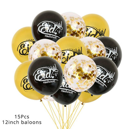 EID Mubarak Golden Banner Balloon Set Disposable Tableware Kit Black Tablecloth Ramadan Kareem Party Supplies Home Decoration