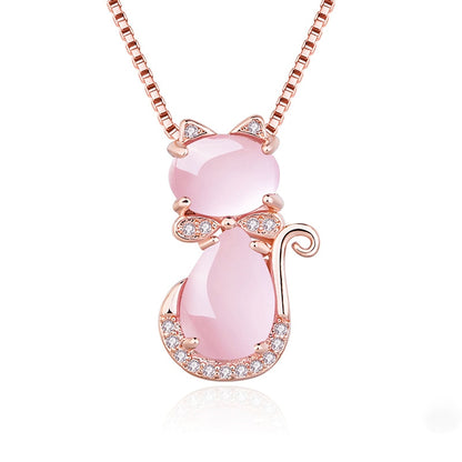 HuiSept Fashion 925 Silver Jewelry Necklace Cat Shape Rose Quartz Zircon Gemstone Pendant for Women Wedding Ornaments Wholesale